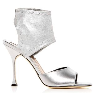 NIB BRIAN ATWOOD Stella Silver Leather Metallic High Heel Open Toe Sandals sz 40